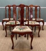 SIX ANTIQUE DUTCH STYLE CHAIRS marquetry inlaid backs, floral embroidered seats (6)
