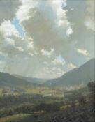 ‡ DAVID WOODFORD (English. Works Wales b.1938) oil on canvas - entitled verso 'The Dovey Valley