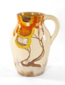 CLARICE CLIFF POTTERY LOTUS JUG, Rodanthe pattern, single handle with ribbed body, Bizarre