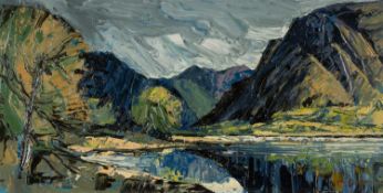 ‡ ROY BURROWS (Welsh 1922-2010) oil on board - entitled verso 'Llyn Cowlyd', signed, 28 x 56cms