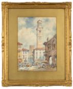 PIERRE LE BOEUF (fl. 1899-1920) watercolour - 'Piazza delle Erbe, Verone', titled verso, signed
