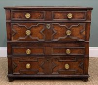 CHARLES II STYLE OAK GEOMETRIC FRONTED CHEST, hung drawers, two-part construction