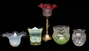 ASSORTED ANTIQUE GLASS LAMPSHADES, including cut glass and coloured glass, one including brass