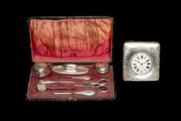 BOXED SILVER MOUNTED PART DRESSING TABLE SET & WATCH, dressing table set almost complete with velvet