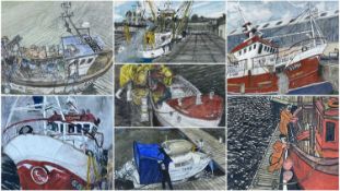‡ PHILIP MUIRDEN (1932-2023) mixed media - collection of seven paintings all themed around fishing