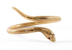 VICTORIAN 9CT GOLD COILED SNAKE BANGLE, red gem-set eyes, probably rubies, 21.5g