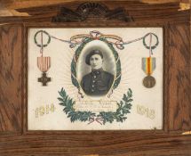 FRAMED FRENCH MILITARY MEDALS & MEMORIAL PHOTOGRAPH comprising Croix du Combattant and Victory