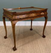 GEORGE II STYLE BURR WALNUT 'SILVER' TABLE, frieze drawer, later glass top