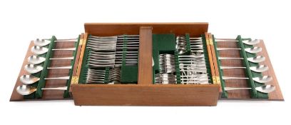 STYLISH 'OLD HALL' BRUSHED STAINLESS STEEL CANTEEN FOR SIX, c. 1960s, by Robert Welch, 'Alveston'