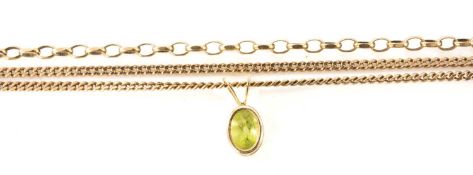 9CT GOLD PERIDOT PENDANT CHAIN & ANOTHER CHAIN, total weight approx. 7.1g (2)