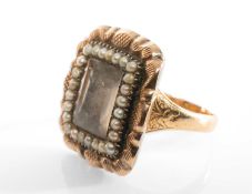 19TH C. GOLD & PEARL MEMORIAL, the rectangular brooch with engraved memorial back, crystal window