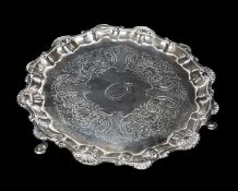 GEORGE III SILVER WAITER, Ebenezer Coker, London 1765, shell cast pie crust edge, Rococo engraved