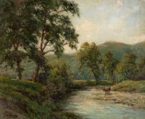 TOM CLOUGH RCA (1867-1943) oil on canvas - Cattle watering, probably north Wales, signed, 37 x 45cms