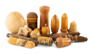 GROUP OF ASSORTED TREEN comprising darning mushroom, three carved black forest needle cases