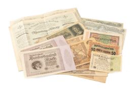 GROUP OF GERMAN REICH MARKS, Russian 10,000 ruble banknotes and two believed Hungarian share