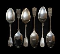 SIX ELIZABETH II SILVER TABLESPOONS, Sheffield 1967, 1976, and 1972, double-struck fiddle, shell