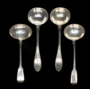 FOUR ANTIQUE SILVER SAUCE LADLES, George Adams 1856, in heavy gauge, and two other fiddle pattern