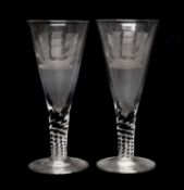 LARGE PAIR OF GLASS GOBLETS, conical bowls on twisted stems, engraved with tall ships, 28cms (h) (2)