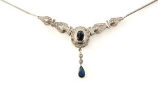 18CT WHITE GOLD SAPPHIRE & DIAMOND NECKLACE, central oval sapphire within border of diamonds