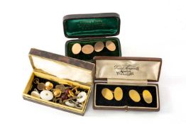 TWO PAIRS OF 9CT GOLD CUFFLINKS, boxed, and various with shirt studs and shirt buttons