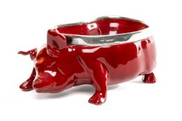 RARE ROYAL DOULTON FLAMBÉ PIG DISH, silver rim hallmarked for London 1919, 13cms (l)
