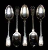 SET OF FIVE VICTORIAN SILVER DESSERT SPOONS, George Adams, London 1853, double-struck fiddle