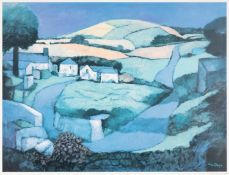 JOHN ELWYN (1916-1997) colour print - landscape with white cottages, signed and dated 1995