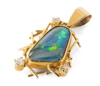 BLACK OPAL TRIPLET & DIAMOND PENDANT, rounded triangular form in unmarked yellow metal twig frame