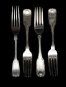 FOUR SILVER TABLE FORKS, Richard Sawyer, Dublin 1809, and Sheffield 1993, former of single-struck