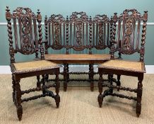 CAROLEAN STYLE CARVED OAK CANED SETTEE SUITE, 113 (h) x 119 (w) x 48cms (d), chairs 118cms (h) (3)