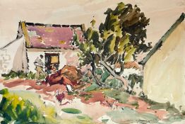 ‡ WILL EVANS (Welsh 1887-1957) watercolour - farmstead with figure and poultry feeding, 38 x 56cms