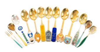 EIGHT DANISH A. MICHELSEN SILVER GILT & ENAMEL CHRISTMAS SPOONS including, 1955, Poinsettia motif