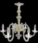 EARLY 20TH C. 6-LIGHT CLEAR GLASS CHANDELIER, multiple section baluster centre column, shallow bowl