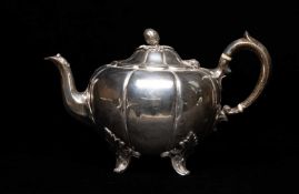 VICTORIAN SILVER ARMORIAL MELON SHAPED TEAPOT, London 1843, one side engraved with armorial shield