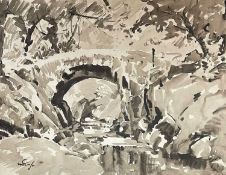 ‡ WILL EVANS (Welsh 1887-1957) ink wash - stone bridge over a river, signed, 38 x 49cms