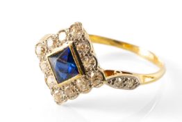 ART DECO SAPPHIRE & DIAMOND RING, the square cut sapphire approx. 5 x 5mm in milgrain frame,