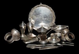 PARCEL OF SILVER comprising small salver / card tray, six various napkin rings, card case, cigarette