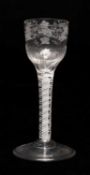 18TH C. CORDIAL GLASS, later engraved and moulded bowl, on double series opaque twist stem
