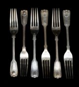 20TH CENTURY SILVER DESSERT FORKS, London 1902 and 1976, double-struck fiddle, thread, and shell