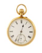 VICTORIAN 18CT KEYLESS WIND POCKET WATCH, hallmarks for London 1890, white enamel Roman dial with