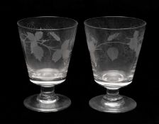 PAIR OF 19TH C. GLASS RUMMERS, tapering bucket bowl on short stem, engraved with barley and hops
