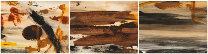 PRUDENCE WALTERS (b.1949) three similar mixed media works - abstracts, signed, 17.5 x 22cms each (3)