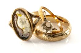 THREE GOLD RINGS comprising 9ct gold scroll engraved wedding band, 9ct gold signet ring