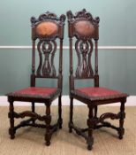 PAIR 19TH C. WILLIAM & MARY STYLE OAK HALL CHAIRS, 140cms (h)