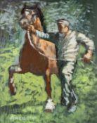 ‡ ANEURIN JONES (1930-2017) oil on board - Welsh cob and handler