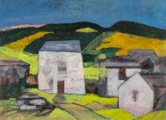 ‡ JOHN ELWYN (1916-1997) acrylic on paper - farm buildings, 1980s