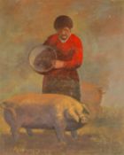 ‡ ANEURIN JONES (1930-2017) oil on board - 'Bwydo Mochyn'