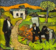 ‡ JOHN ELWYN (1916-1997) oil on board - entitled 'A Debatable Point', early 1980's, signed verso, 20