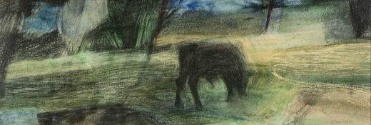 ‡ ELERI MILLS (b.1955) mixed media - entitled verso 'In the Fields 3/Yn y Caeau 3'