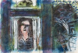 ERNEST ZOBOLE (1927-1999) mixed media - building with head at window and figure in street